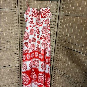 Calypso St Barth red white shell lace up maxi dress